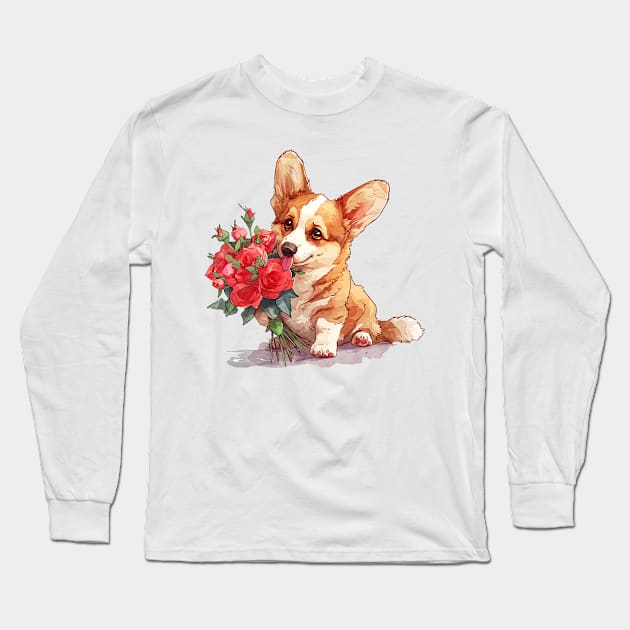 Valentine Pembroke Welsh Corgi Dog Giving Flowers Long Sleeve T-Shirt by Chromatic Fusion Studio